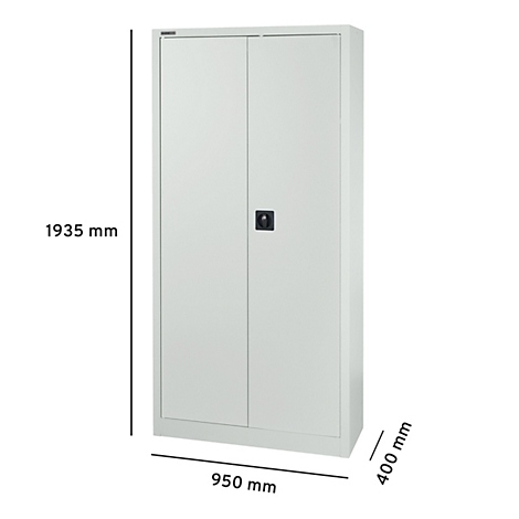 Un armario blanco con dos puertas, manija negra y dimensiones: 1935 mm de alto, 950 mm de ancho y 400 mm de profundidad.